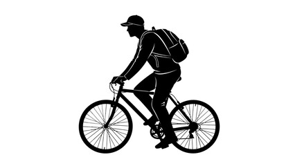Obraz premium Black and white silhouette of a person riding a bicycle while wearing a backpack and cap.