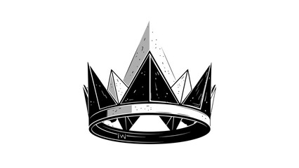 A detailed black and white illustration of a stylized crown with sharp, geometric elements.