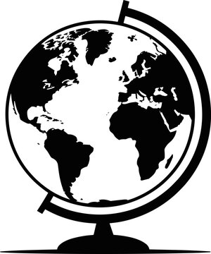 Earth Globe Icon Vector Illustration: Monochrome World Map Silhouette on a Stand, representing Geography, Travel, Education, Global Communication, Cartography, and Navigation Design Elements