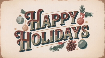 Happy Holiday text in vintage retro typography with warm muted colors on a textured paper background with classic holiday ornaments creating a cozy nostalgic festive style.