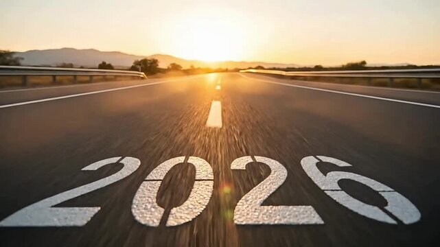 Drive into 2026 with hope and a clear path forward, a beautiful sunrise illuminating the open road ahead symbolizing a bright future