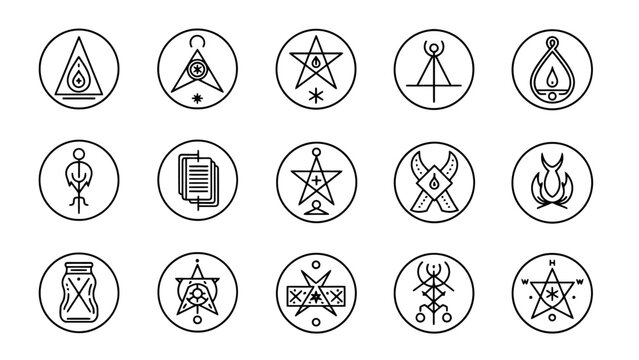 A collection of fifteen modern, minimalist esoteric symbols and alchemical sigils in circular icons.