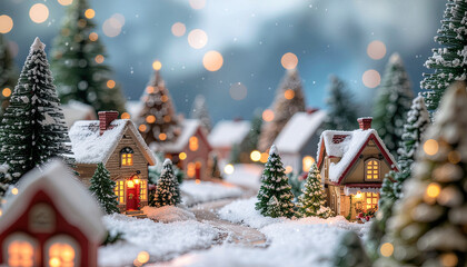 Cozy miniature Christmas village with snowy houses, glowing windows and fir trees, soft bokeh lights and falling snow creating a magical winter holiday background for designs and cards.