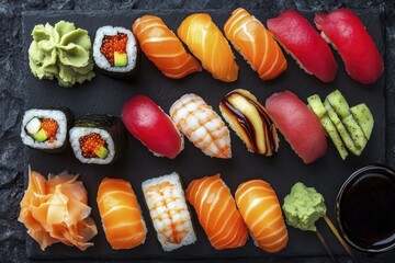 Assorted sushi platter with vibrant nigiri, maki, and fresh garnishes