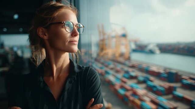 A beautiful female logistics consultant explaining workflow optimization inside a modern meeting room overlooking a bustling seaport during the afternoon.
