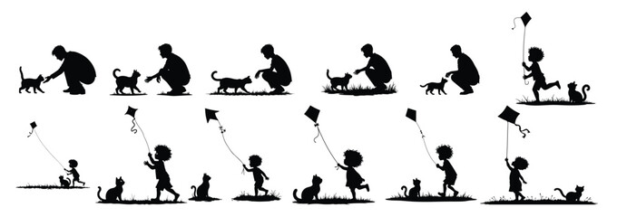 Black silhouettes of children and adults interacting with cats and flying kites © Rolx