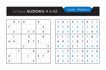 Sudoku puzzle with answer. Vector puzzle game with numbers for kids and adults. 9x9 sudoku Illustration on white background.
