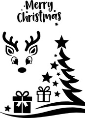Cute Christmas Reindeer Head, Tree and Gifts Illustration Set Vector