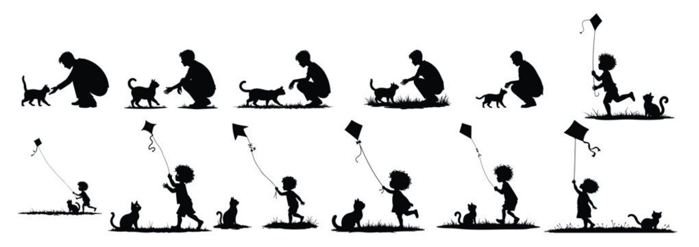 Black silhouettes of children and adults interacting with cats and flying kites