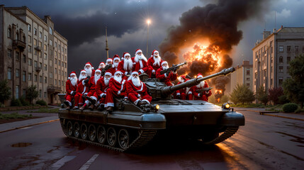 A group of santa claus sitting on top of a tank in the middle of a city