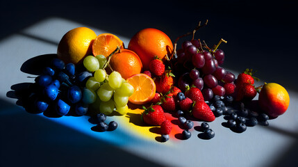 Sunlit Still Life: A vibrant fruit arrangement featuring oranges, grapes, strawberries, and blueberries with strong shad