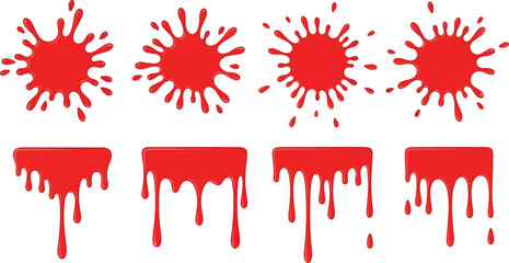 Fototapeta premium Collection of red splash elements including paint marks, sauce blobs and blood-style splat shapes in a clean vector illustration eps