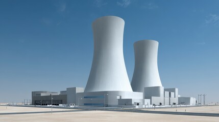 Industrial Giants: a perspective shot of an imposing nuclear power plant, a symbol of progress and clean energy, against a bright azure sky.