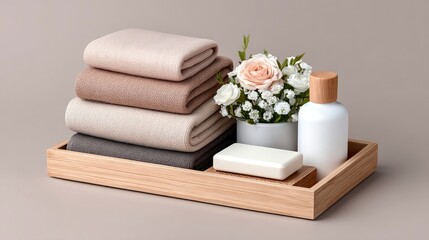 Folded Towels, Flowers, Soap and Lotion on Wooden Tray