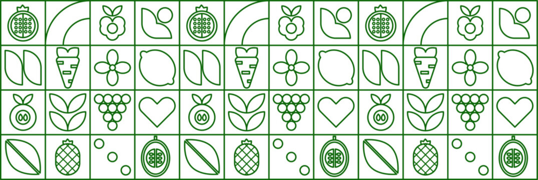 Geometric fruit  pattern with mosaic lemon carrot melon apple raspberry line elements.
