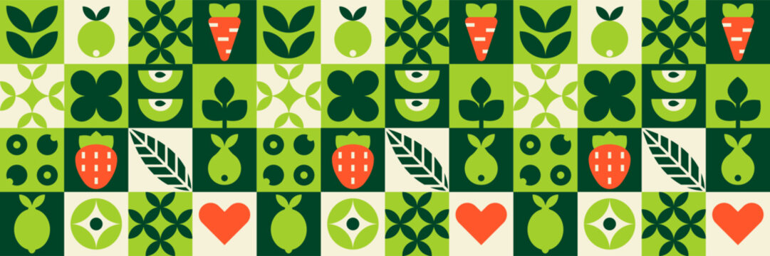 Geometric pattern lemon carrot and apple strawberry with a fruit mosaic.