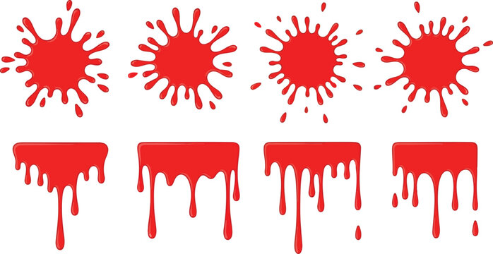 Collection of red splash elements including paint marks, sauce blobs and blood-style splat shapes in a clean vector illustration eps