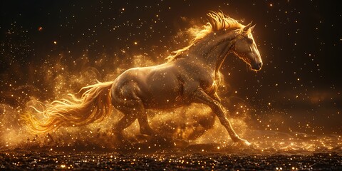 Panoramic Fiery Horse Galloping Through Sparkling Starry Night