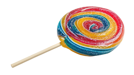 Colorful swirl lollipop with bright sugar candy pattern on stick showing playful sweets in vibrant tones isolated on white background