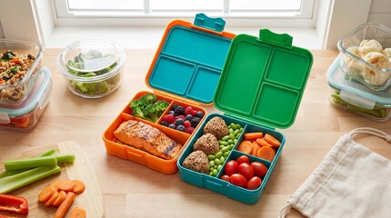 Colorful bento lunch boxes with healthy meal prep featuring salmon vegetables berries and snacks on kitchen counter