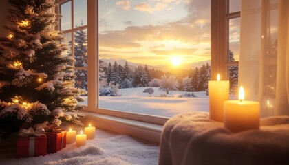 A room with a view of nature and New Year's decorations, ready to welcome the new year. Snow outside at sunset and a beautifully decorated Christmas tree in the room.