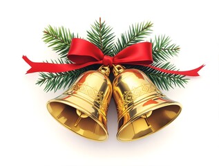 Golden christmas bell on spruce branch, isolated on a white background