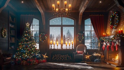 A room with a view of nature and New Year's decorations, ready to welcome the new year. Snow outside at sunset and a beautifully decorated Christmas tree in the room.