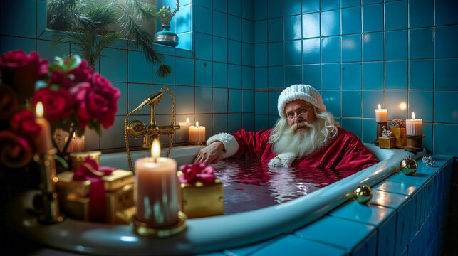A santa claus sitting in a bathtub with candles and presents