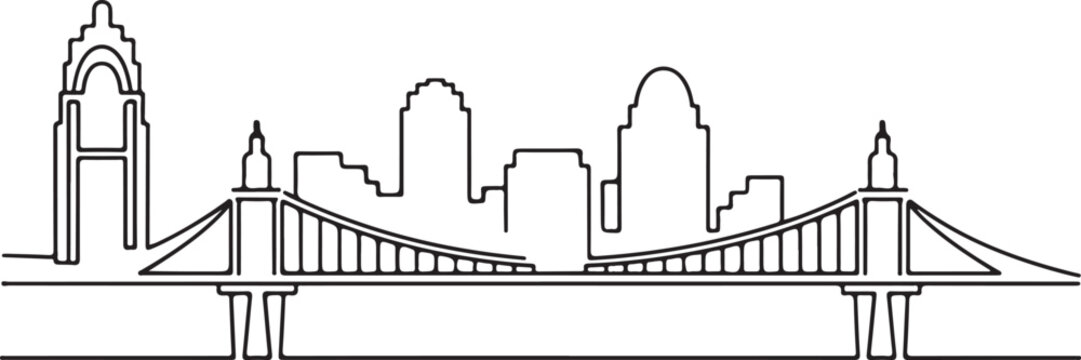 Continuous line illustration of the Cincinnati skyline with the Roebling Bridge in a minimal elegant outline drawing