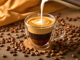 Pouring milk in a glass with espresso. Coffee art.