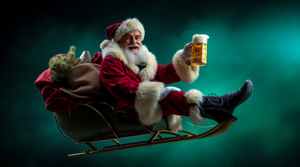 A santa claus sitting on a sleigh holding a glass of beer