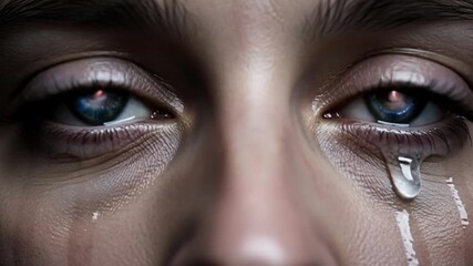 Tears stream down a face revealing a universe within reflecting sadness, a cosmic expression of grief and the weight of emotions, perfect for dramatic storytelling