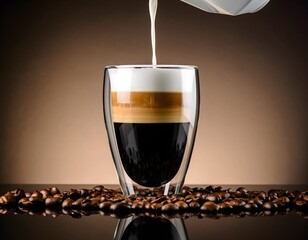 Pouring milk in a glass with espresso.