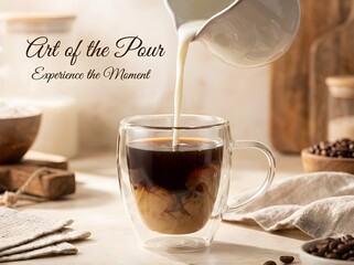 Pouring milk in a glass with espresso.
