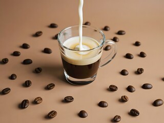 Pouring milk in a glass with espresso.