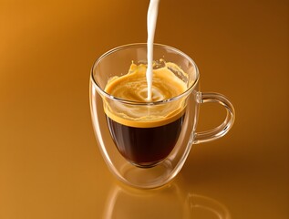 Pouring milk in a glass with espresso.