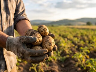 Harvesting potatoes in the field at the countryside. Selective focus. nature. Close up of farmer hands holding freshly dug organic potatoes.	