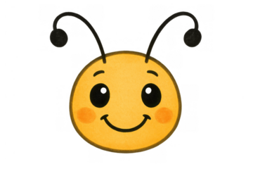 Cute cartoon bee face smiling, a happy yellow bug character for children's designs with transparent background