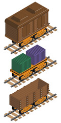 Set of railway carriages. Isometric. Isolated on white background. Vector illustration.