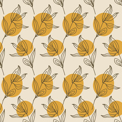 Obraz premium Seamless Floral Pattern with Mustard Yellow Circles and Line Art Leaves for Textile and Background Design