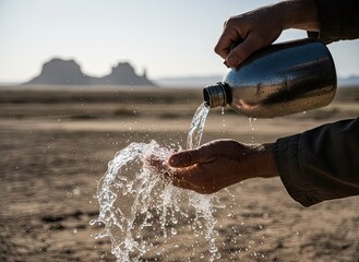 Desert Scene With A Person Pouring Water From A Canteen Onto Their Hands In Monument Valley Utah During Golden Hour With Soft Sunlight And Distant Rock Formations