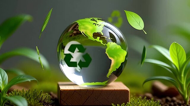 A crystal globe with a green map of the americas rests on a wooden block surrounded by lush green foliage while white environmental icons orbit around it