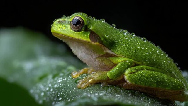 Macro photography of a green tree frog on a wet leaf with rain droplets