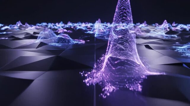 Cinematic slow dolly shot moving over complex blue and purple electromagnetic frequency waves flowing across a minimalist geometric surface seamless, transmission, cinematic