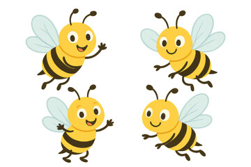 Fototapeta premium Group of four happy cartoon bees flying, waving, and smiling, bringing concepts of teamwork, childhood, and nature