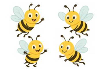 Group of four happy cartoon bees flying, waving, and smiling, bringing concepts of teamwork, childhood, and nature