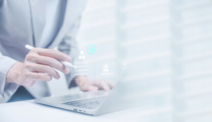 Businessman selecting digital candidate profile icons representing people management, employee relationship, recruitment strategy, and modern human resources solutions. HR digital business.