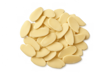 Heap of blanched sliced almonds showing healthy snack, baking ingredient, and nutritious food concept