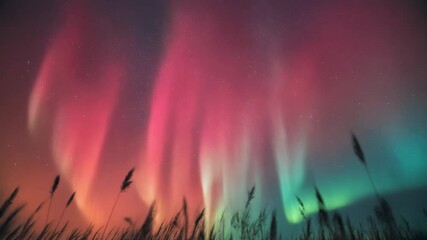 Vibrant Aurora Borealis dancing across the night sky above a silhouetted grassy meadow, a breathtaking natural spectacle of celestial light