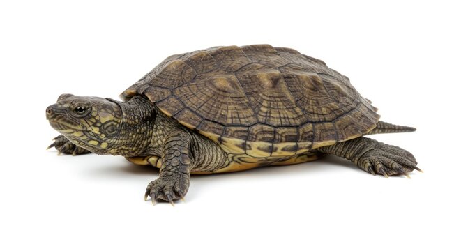 Isolated river cooter turtle showcasing shell texture and unique skin patterns against a pristine